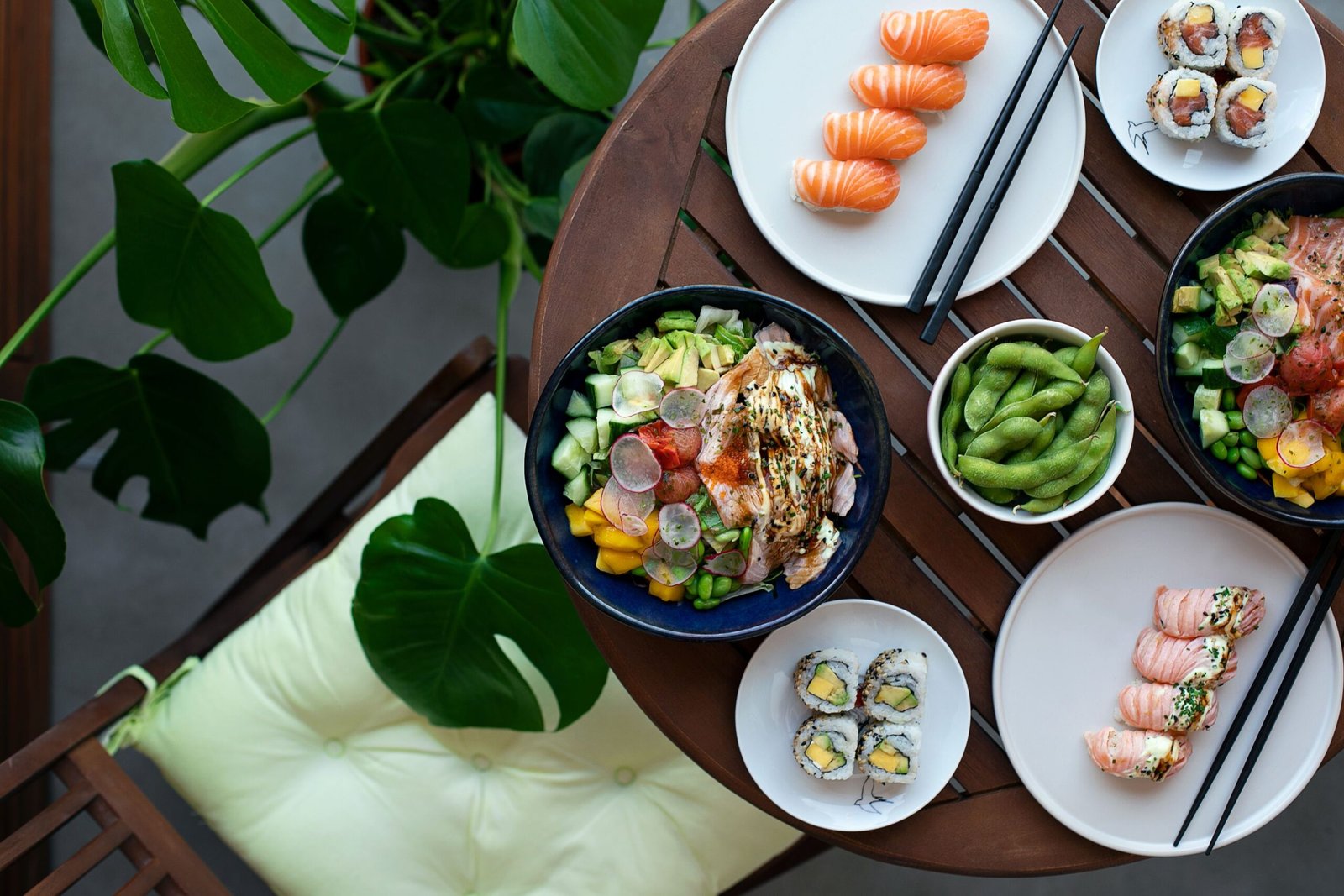 Overhead shot of assorted healthy foods including nuts on a table